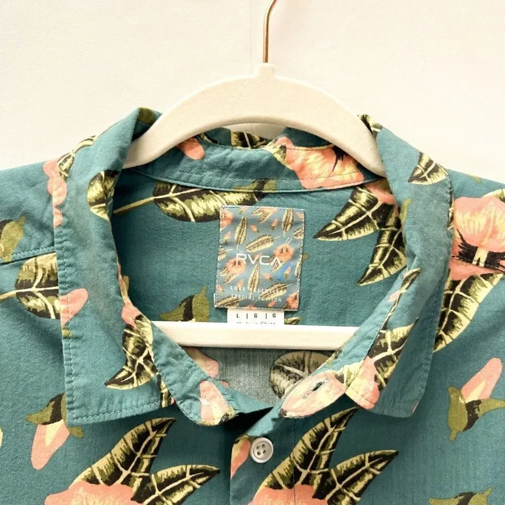 RVCA Tropical Hawaiian Shirt Green Floral Print Short Sleeve Button Down Shirt L